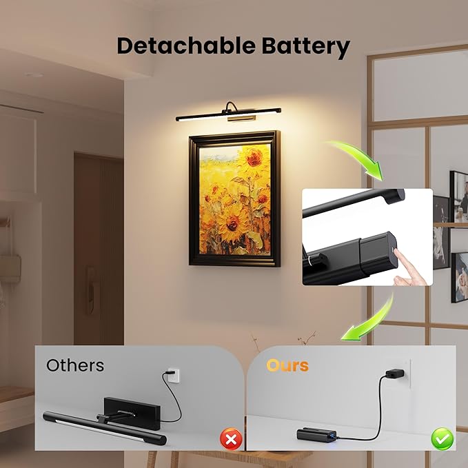 2 Pack Light for Pictures on Wall Black 8000mAh - 24" Cordless Battery Powered Wall Mount Sconce with Dimmable Remote for Oversized Artwork & Gallery