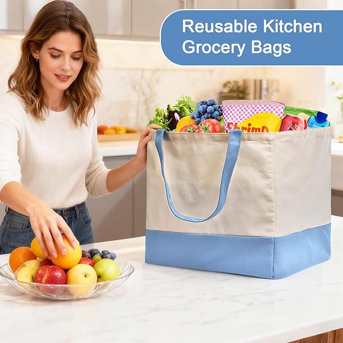 Reusable Grocery Bags Heavy Duty, 8.3 gal Foldable Large Canvas Tote Bag with Handles, Holds 60 lbs Canvas Shopping Bags, 3 Pack（Off White+Light Blue）
