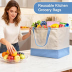 Reusable Grocery Bags Heavy Duty, 8.3 gal Foldable Large Canvas Tote Bag with Handles, Holds 60 lbs Canvas Shopping Bags, 1 Pack（Off White+Light Blue）