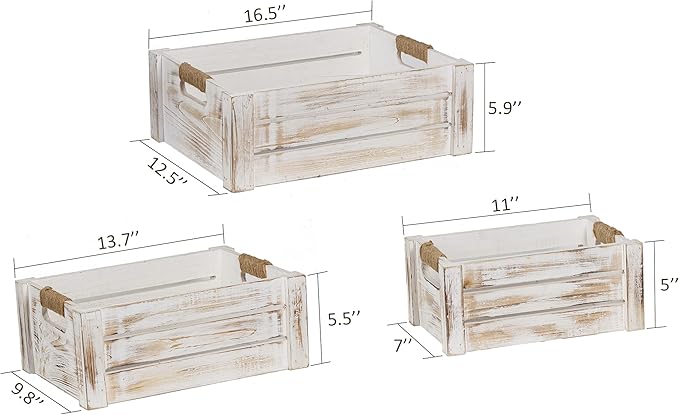TIMRIS Set of 3 Rustic Wood Nesting Crates, Farmhouse Wooden Storage Container Boxes with Cutout Handles, Decorative Wooden Baskets for Display (Whitewash)