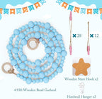 KOLLIEE Kids Artwork Display Art Wall Decor 4.93ft Boho Wooden Beaded Garland Collage Holder with Hanging Rings Wooden Stars Hook 40 Wood Clips for Kids Artwork Photo Room Bedroom Decor Blue