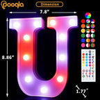 Pooqla Colorful Light Up Letters with Remote, Upgraded 35 Colors LED Marquee Letters, RGB Lighted Letter for Girls Teenager Gift, Birthday, Party, Wedding, Night Light, Room, Bedroom Decor, Letter U