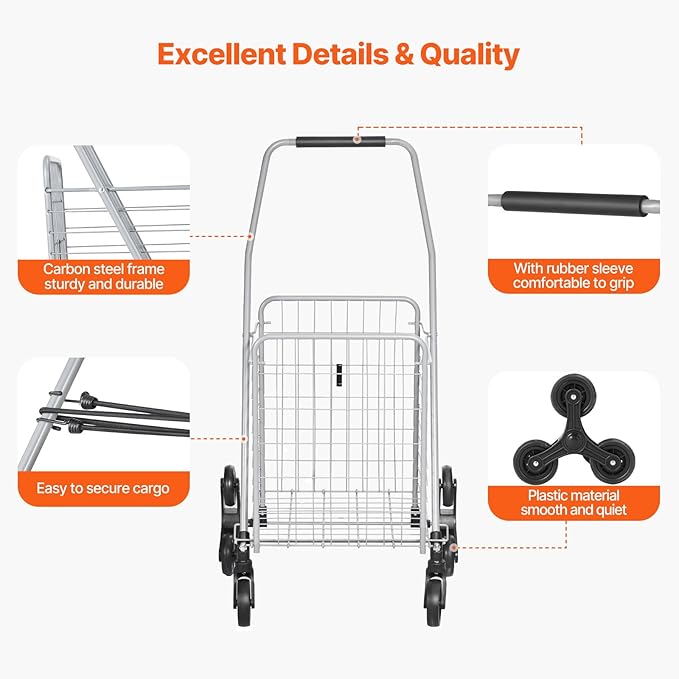 VEVOR Grocery Shopping Cart, 45L Stair Climbing Shopping Cart with 360° Rolling Swivel Wheels, Stair Climber Utility Cart with Tri-Wheels, Foldable Collapsible & Lightweight for Laundry Travel, Silver