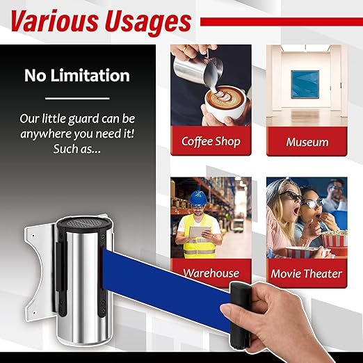 DuraSteel Wall Mount Crowd Control Retractable Belt Barrier- 9.2 Ft Blue Retractables Barrier Belt w/Stainless Steel Casing - Do Not Enter Crowd Control Barriers NOT Stanchions with Retractable Belts