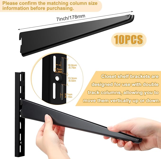 10 Pack Adjustable Shelf Brackets for Double Track System Closet Organization Heavy Duty Wire Shelf Brackets (Black,7 Inches)