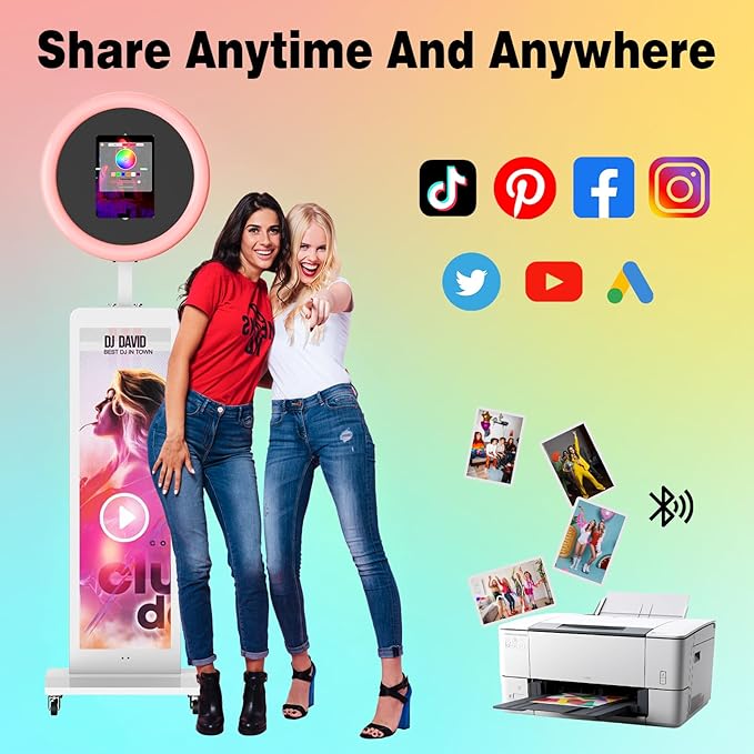 HARZHI 38'' LCD Screen Portable Photo Booth Compatible with Any Ipad, 1080P Intelligent Split Screen Ipad Photo Booth LCD for Wedding Party Software APP Control LCD Ring Light, Flight Case White