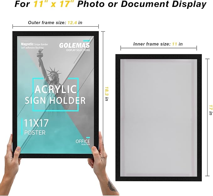 Acrylic Magnetic Sign Holder, Easy-Opening 11 x 17 Wall Mount Display Frames, Self Adhesive Back Plastic Clear Document Frame, Horizontal & Vertical Display (Black, 12Pack)