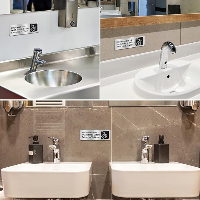 Faittoo Employees Must Wash Hands Before Returning to Work Sign, (8 Pack) Rust Free Brushed Aluminum Sign with Symbols, Self-adhesive, for Restaurant, Salons, Hotel, Rest Stops, Public Restrooms