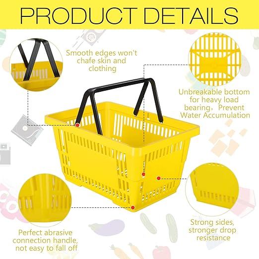 12 Pcs Shopping Baskets 20 L Plastic Store Retail Baskets with Handles 16.9 * 11.8 * 9.1 Inches for Market Grocery Supplies Thrift Convenience Storage(Yellow)