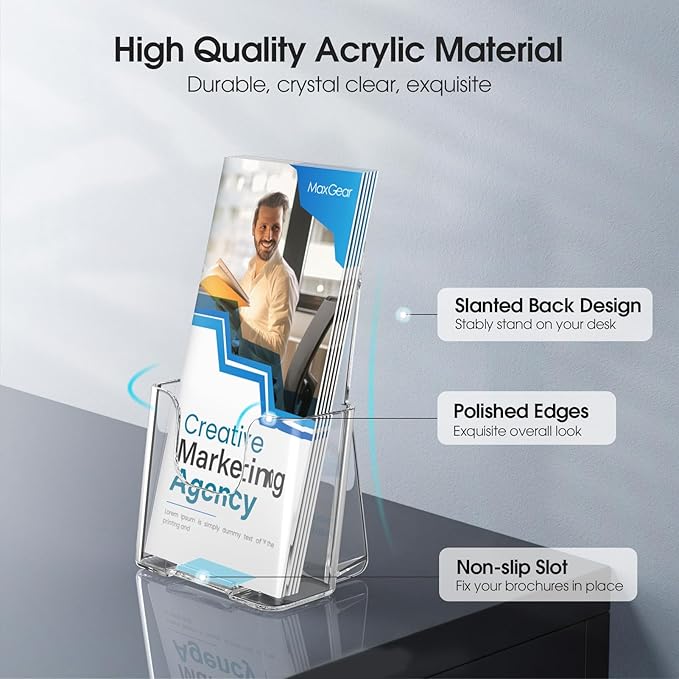 MaxGear 6 Pack Acrylic Brochure Holder, Trifold 4 inches Wide Plastic Literature Holder For Pamphlets, Flyers, Rack Cards, Wall Mount Clear Countertop Organizer Display Stand, Office or Home Use