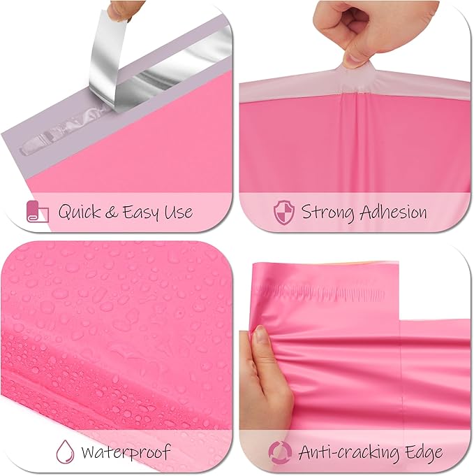 JinRuiKJ Poly Mailers with Handle 12x15.5 Inch 50 Pcs, Self Sealing Shipping Bags for Clothing, Easy to Carry Packaging Bags for Small Business - Pure Pink
