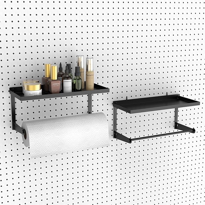 2 Pack Pegboard Paper Towel Holder with Shelf, Heavy Duty Peg Board Accessory, Metal Pegboard Organizer Accessories for Garage, Workshop, Craft Room