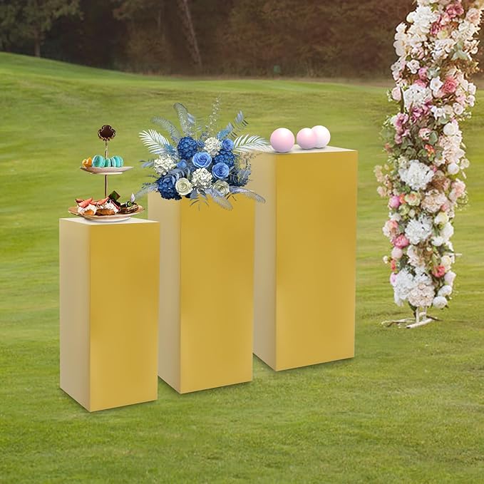 OUKANING 3 PCS Metal Display Pedestal Stands, Square Gold Display Stands Pillars, Decoration Cube Sculpture Display Column for Wedding Party Baby Shower Birthday, H31.49'', 25.59'', 23.62''