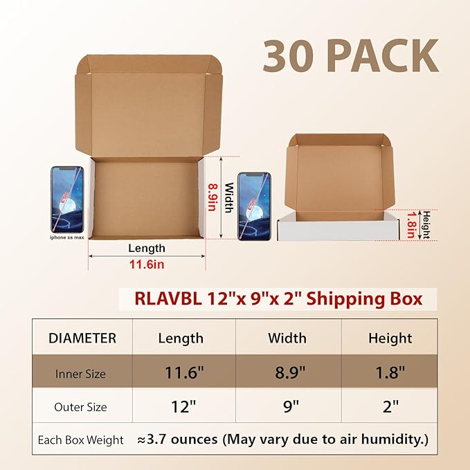 RLAVBL 30 Pack 12x9x2 Shipping Boxes, White Corrugated Cardboard Mailer Box for Packing Mailing Small Business