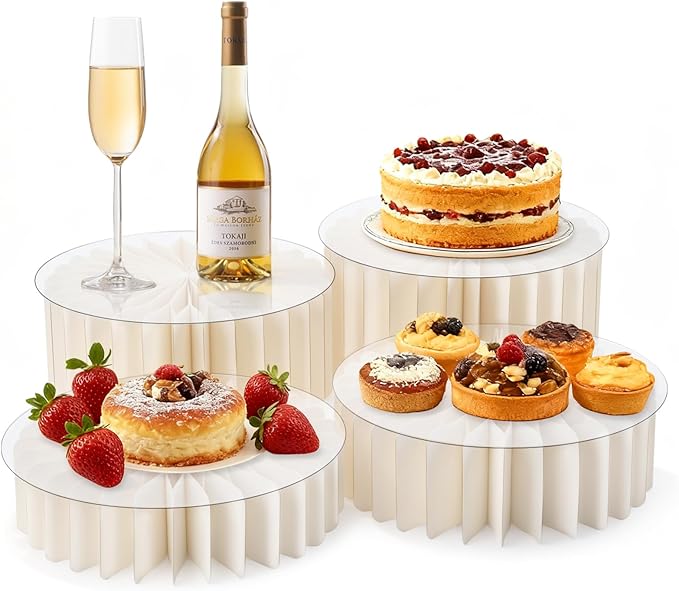 4Pcs Buffet Risers, Foldable Food Risers for Buffet Table, 12" Reusable Cardboard Display Risers Cylinder Stands with Acrylic Plates for Party, Wedding, Catering & Birthday Decor