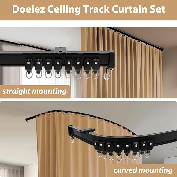 Room Divider Blackout Curtains Flexible Sliding Tracks Sets Ceiling Mounted Rod Window Curtain Privacy Separation for Bedroom Living Rooms,1 Panel Khaki Drape and Black Track Set-W216xH108 in