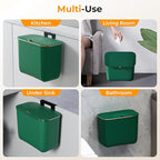 1.9 Gallon Hanging Trash Can - Small Under Sink Trash Can with Lid, Wall Mounted Garbage Bin for Kitchen & Bathroom Cupboard, Odor-Control, Extended Clamping Ring, Green
