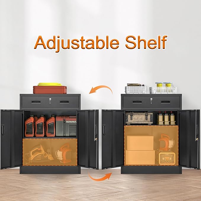 Metal Storage Cabinet, Locking Cabinet with One Drawer and Adjustable Shelf, 36" H x 28" W x 16" D Steel Storage Cabinet for Office, Garage, Home-Black