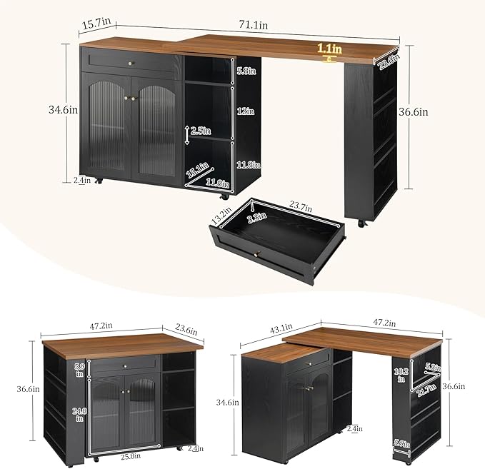 LYNCOHOME Rolling Kitchen Island with 360° Rotating Tabletop, Mobile Lockable Wheels & Adjustable Shelves, Multifunctional Storage Cart for Kitchen & Dining（Black）