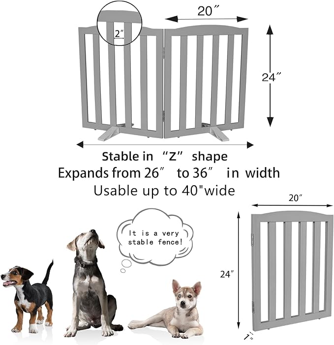 Freestanding Dog Gate Indoor,Doggie Gate Foldable Pet Gates for Doorways,Stairs or Hallways, Wooden Grey Pet Gate for The House, Pet Fence with Support Feet Included,24 "Height-2 Panels