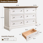 Farmhouse 6 Drawers Dresser for Bedroom, 54" Wide Large Dressers & Chests of Drawers w/Roman Column, Wooden Dresser TV Stand with Large Drawers for Nursery Bedroom Living Room Hallway, Antique White