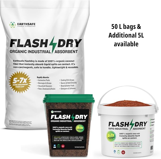 FlashDry Super Spill Absorbent, 5L Bucket with Dispenser Lid, 100% Organic Coco Coir, Landfill Safe, OSHA Approved, Ideal for Absorbing Oil, Paint, Grease in Garages, Kitchens, Janitor Kits, Pack of 2