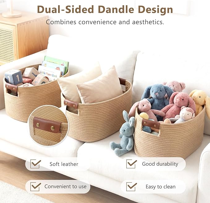 Cotton Rope Basket, Storage Baskets with Handle, 15x10x9 Inch Woven Basket for Shelves, Laundry, Towels, Clothes, Books (Jute/Brown 1Pack)