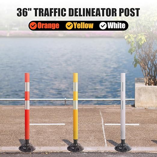 8 Pack Traffic Delineator Post Cones, High Visibility 3M Reflective Tapes, Flexible Spring Post with Detachable Base, for Highway Road Safety, Garage, Parking Lot (White, 36")