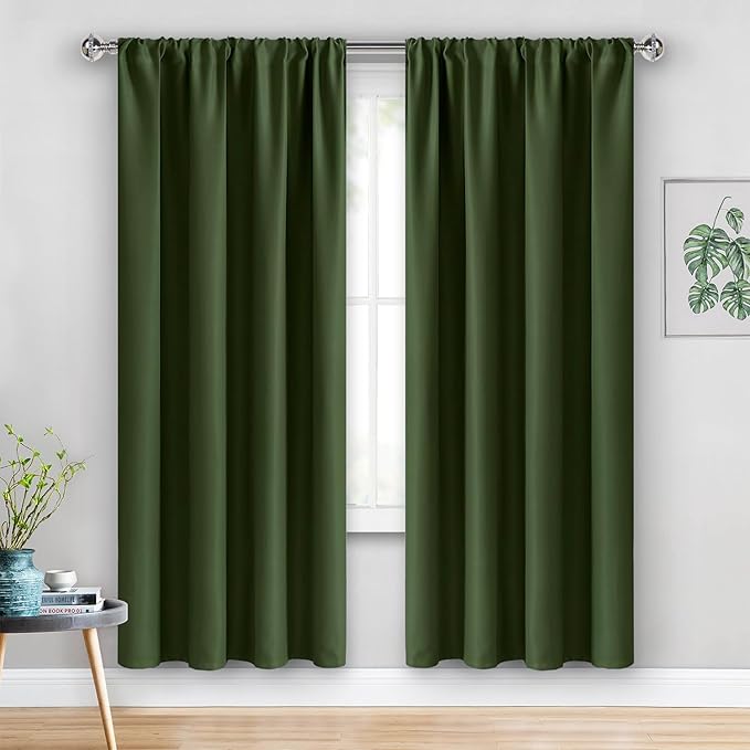 JIUZHEN Blackout Curtains for Bedroom– Thermal Insulated,Noise Reducing Room Darkening Rod Pocket Curtains for Living Room, Set of 2 Panels with Tiebacks, 42 x 72 inch Long, Olive Green