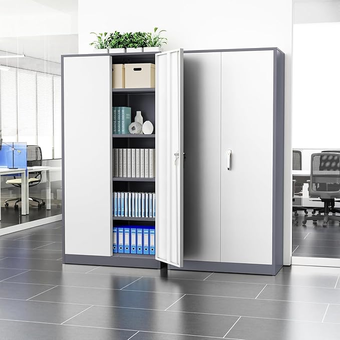Incbruce 72” Metal Storage Cabinet, Garage Cabinets and Storage System with Doors and Shelves, Tall Lockable Tool Cabinet for Garage, Office, Home (Grey White)