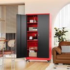 Metal Rolling Storage Cabinet-74.6” Tall Steel File Cabinets with Wheels Lockable Doors and Adjustable Shelves-Black & Red Steel Storage Cabinet for Home, School, Office, Garage
