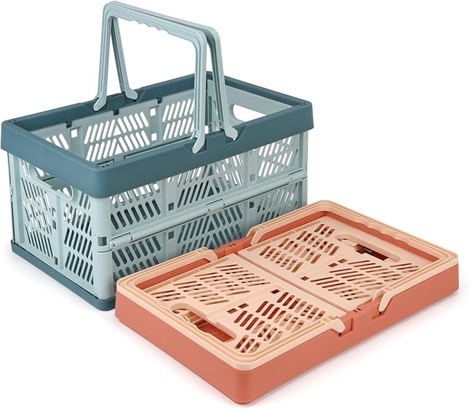 Domiella 2-Pack Foldable Storage Baskets, Collapsible PP Crates with Handles - 20L Capacity, Strong and Portable for Home Organization, Picnic and Shopping, Blue + Pink