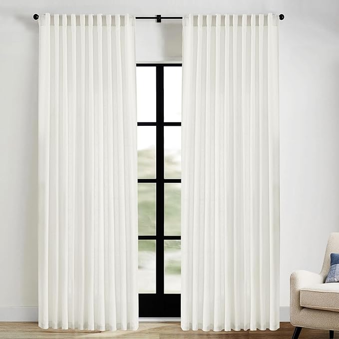 Extra Wide Curtains 70 In Width for 60 & 72 Inch Window,Pleated Back Tab Linen Semi Sheer Full Length Curtains for Living Room Sliding Glass Door 2 Panel Set,72x84,70x84,6FT x 84 Inches Long,Cream
