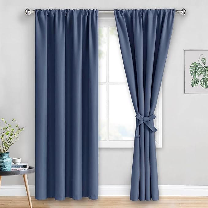 JIUZHEN Dusty Blue Blackout Curtains for Bedroom - Thermal Insulated Room Darkening Rod Pocket Curtains for Living Room, Set of 2 Panels with Tiebacks, 42 x 96 Inch Length, Dusty Blue