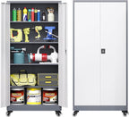 Metal Storage Cabinet with Wheels, Tall Garage Storage Cabinet with 4 Adjustable Shelves and 2 Doors, Lockable Tool Cabinet for Garage Home Office,Gym,School (White-Gray)