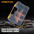 POWERTEC Small Parts Organizer & Tool Box – 10 Compartments, Stackable Storage with Removable Dividers, Clear Lid, Portable Design (72117)