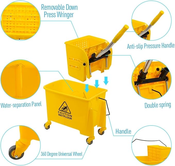 Commercial Mop Bucket with Wheels,20L Side Press Wringer and Handle Holder,Combo Cart Set for Home Office Floor Cleaning