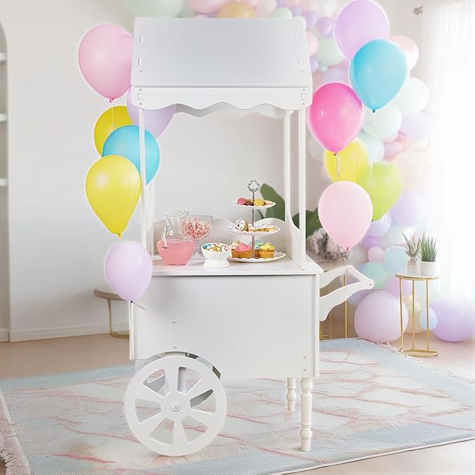 Vintage Candy Cart with Wheels for Party - Dessert Cart with wheels and Handle Bar for easy movement - 67" H' X 26" L' X 22" W' - PVC Treat Cart for Parties, Weddings and Birthday - Easy Assembly