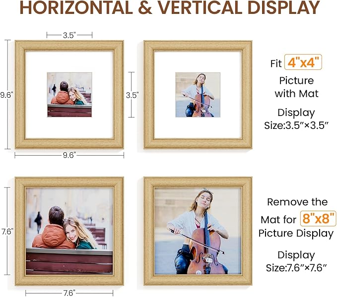 Natural Oak 8x8 Picture Frames Mat to 4x4 Picture Display,Original Wood Handcrafted Photo Frame,Wooden Frame 8x8 with Tempered Glass Graduation Family Wedding Pictures Tabletop & Wall Decor