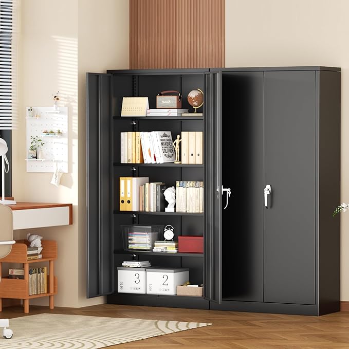 Superday Metal Storage Cabinet with Lock, 72" H Garage Storage Cabinet with Doors and 4 Adjustable Shelves, Black Steel Locking Cabinets for Office, Home, Garage, Gym, School