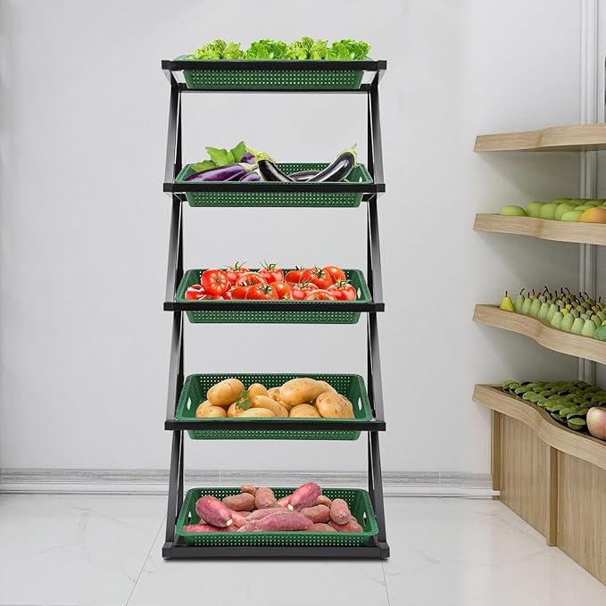 Fruit Vegetable Storage Basket,Kitchen Organizers 5 Tier Basket Stand Storage Baskets Market Shelf for Kitchen Store (Green)