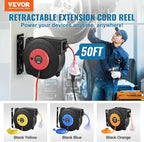VEVOR Retractable Extension Cord Reel, 50 FT, Heavy Duty 14AWG/3C SJTOW Extension Power Cord with Lighted Triple Tap Outlet, 13A Circuit Breaker 180° Swivel Bracket for Ceiling or Wall Mount, Red