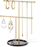 Gold Jewelry Holder Stand with Ceramic Tray: Small Hanging Necklace Organizer Tree for Earrings, Bracelets, Rings – Jewelry Display Hanger for Women & Girls, Black