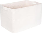 MINTWOOD Design 22in Extra Large Blanket Basket Holder Living Room, Rectangle Rope Woven Storage Basket with Handles for Laundry, Pool Towels, and Shoes, Dog Toy Organizer Bin Box, Creamy White