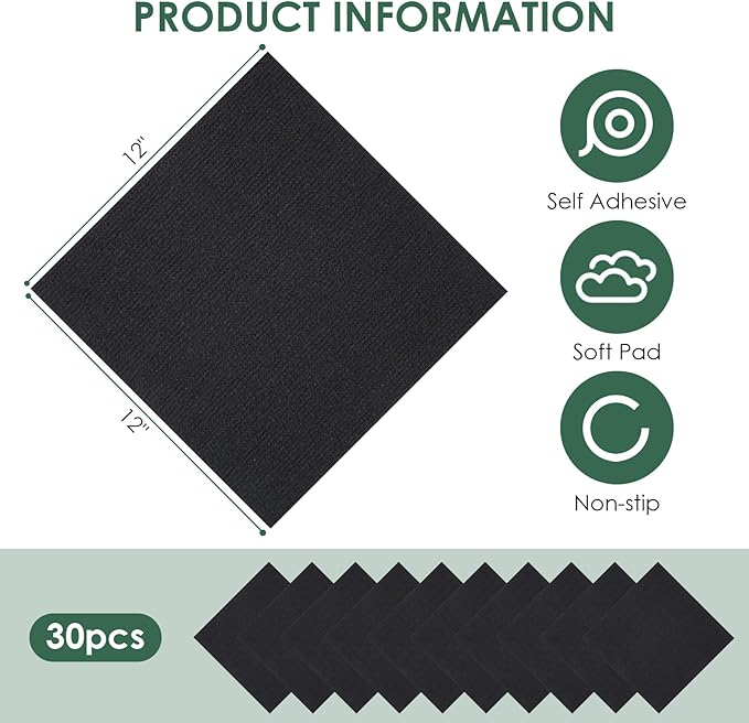 30 Pack Carpet Tile - 12” X 12” Self Adhesive Carpet Floor Tiles Anti-Slip Squares Peel and Stick Floor Tile DIY Installation for Bedroom (Black)