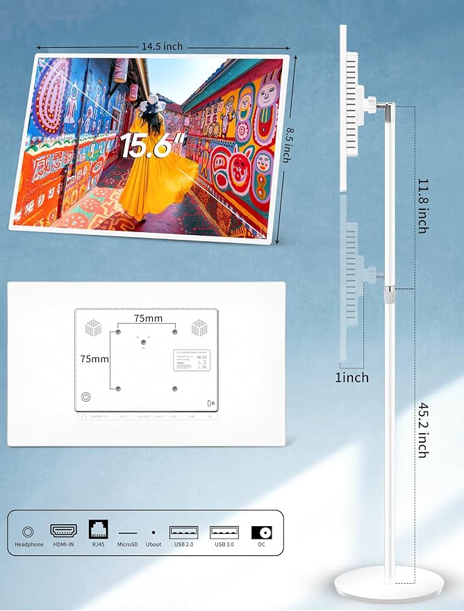 15.6" Digital Signage with 10000mAh Battery, Capacitive Touchscreen Advertising Display, Adjustable Stand, Android 11 Commercial LCD Monitor with Auto Play, Wireless Screen Mirroring, 4+64GB, White