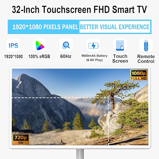 32-Inch FHD Smart Portable TV on Wheels, Rolling TV 1080P Touch Screen Android 15 OS Monitor, EDLA-Certified, 6G RAM + 128GB, 8MP Camera, Built-in 6–8H Battery, Full Swivel Rotation, Voice Remote