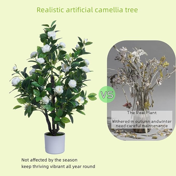 Artificial Camellia Tree 35in Faux Floral Plant with Orange Flowers and Green Leaves - No Maintenance Indoor Outdoor Office Home Porch Decor Housewarming Gift(1 Pack - Orange)