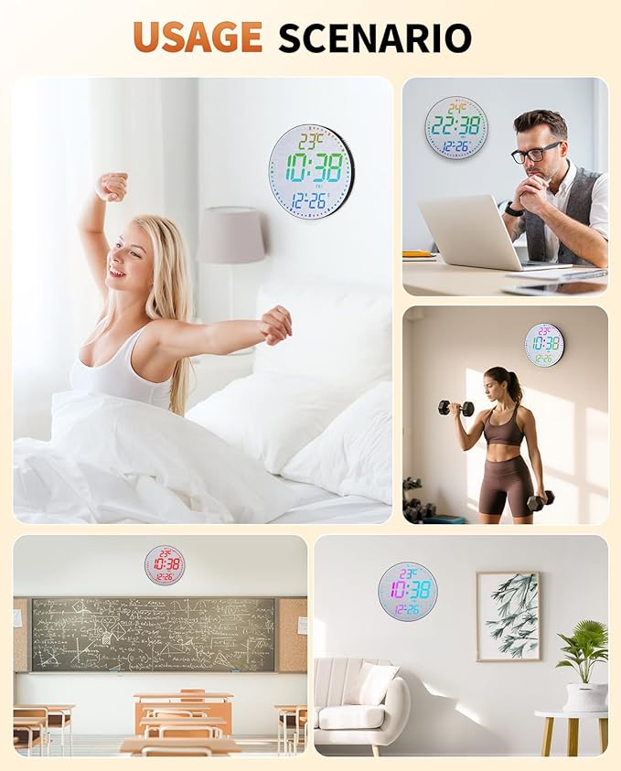 12" Large Digital Wall Mount Clock, Count Down Timer, Alarm, Big LED, 12 RGB Color, Temperature for Living Room Classroom Desk, Xmas, Birthday Gift for Senior Mom (Fabric Elements)