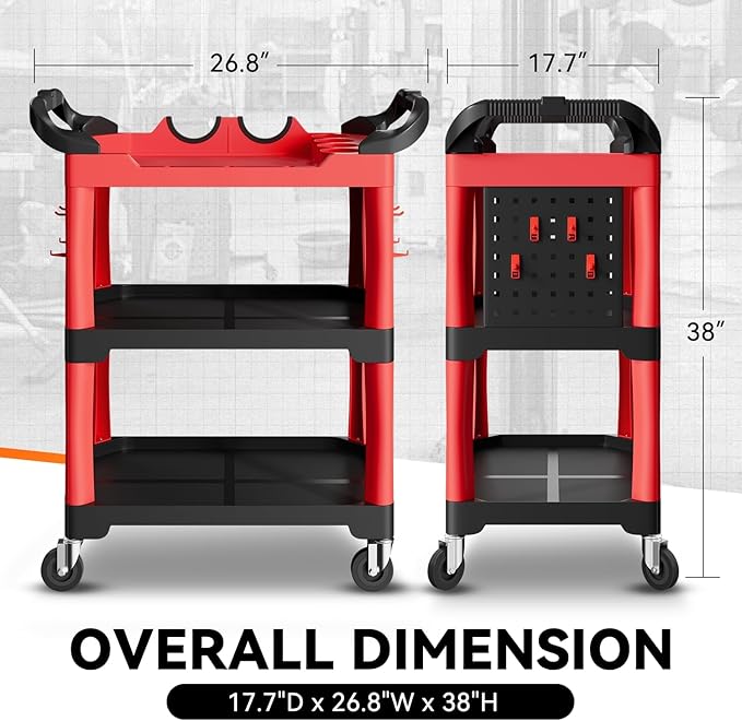 Auto Dynasty 3-Level Rolling Cart Trolley Storage Detailing Cart with Cup Holders Pegboard 120 kg/260 Lbs Capacity on Wheels Fits Garage, Warehouse, Home and Workshop, Black/Red